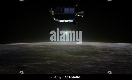 5. September 2013 - Künstlerkonzept der NASA mit LADEE-Raumsonde (Lunar Atmosphere and Dust Environment Explorer) in einer Umlaufbahn über dem Mond, während Staub während des Monduntergangs Licht streut... Erkundung der Mysterien des Mondstaubs... die ursprünglichen Mondlandungen ließen eine ganze Generation in den Himmel blicken - aber die NASA will nun eines der lange nicht aufgelösten Geheimnisse des Satelliten erkunden... Eine neue Raumsonde, die am Freitag (6. September) startet, wurde entwickelt, um die Exosphäre des Mondes und die Mondstaubumgebung zu untersuchen und hoffentlich das Geheimnis des seltsamen Leuchtens am Horizont des Mondes vor Sonnenaufgang zu lösen Stockfoto