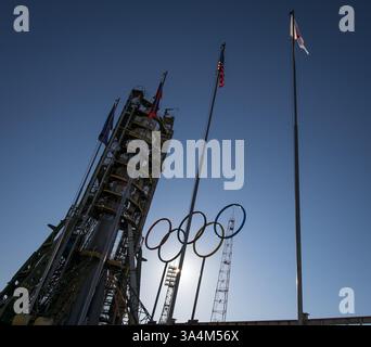 5. November 2013 - Olympische Ringe werden am Sojus-Startplatz gesehen, kurz nachdem die Sojus-TMA-11M-Rakete in Position gebracht wurde... Sojus-TMA-11M-Rakete, die auf Expedition 38, Baikonur Cosmodrome, Kasachstan, 5. November 2013, vorbereitet ist. Die Sojus-TMA-11M-Rakete, geschmückt mit dem Logo des Olympischen Organisationskomitees in Sotschi und anderen verwandten Kunstwerken, wird am Dienstag, am 2013 auf dem Baikonhafen in Kasachstan zum Start gebracht. November 2017. November. Der Start der Sojus-Rakete ist für den 7. November geplant und wird die Expedition 38 Sojus-Kommandeur Michail Tyurin von Roscosmos, Flug Engi, schicken Stockfoto