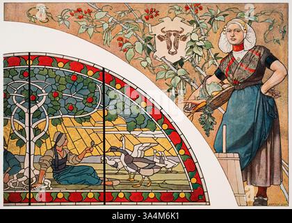 Die Landwirtschaft. Zwickelfullung und Glasbild. Agrarmotiv, Buntglasdesign von Wiener Kunstprofessor Georg Sturm von Dekorative Vorbil Stockfoto