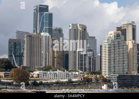 Entwicklung des Barangaroo Parks mit Bürogebäuden im Stadtzentrum, die sich über Millers Point in Sydney erheben. Stockfoto