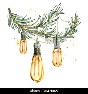 Retro-Edison-Lampen hängen an Drähten an Kiefernzweigen mit funkelnden Sternen. Neujahr, Weihnachten Aquarell Illustration handgezeichnet. Zusammensetzung Stockfoto