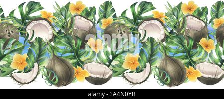 Kokosnüsse ganz, Hälften und Stücke mit hellen, grünen, tropischen Palmenblättern und gelben Plumerieblättern. Handgezeichnete Aquarellillustration. Nahtlos Stockfoto