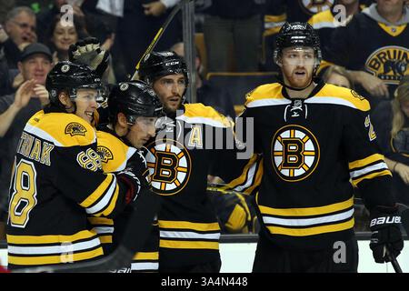 4. Oktober 2014: Das iBoston Bruins Zentrum Patrice Bergeron (37) feiert mit David Pastrnak (88), Brad Marchand (63) und Dougie Hamilton (27), einem Verteidiger von Boston Bruins, nachdem er während des Spiels vor sason zwischen den Boston Bruins und Detroit Red Wings im TD Garden ein drittes Tor geschossen hatte. Anthony Nesmith/CSM(Bild: © Anthony Nesmith/Cal Sport Media/ZUMAPRESS.com) Stockfoto