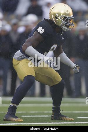 4. Oktober 2014: Notre Dame Linebacker Jaylon Smith (9) während des NCAA Football-Spiels zwischen den Notre Dame Fighting Irish und dem Stanford Cardinal im Notre Dame Stadium in South Bend, Indiana. Notre Dame besiegte Stanford 17:14. (Bild: © John Mersits/Cal Sport Media/ZUMAPRESS.com) Stockfoto