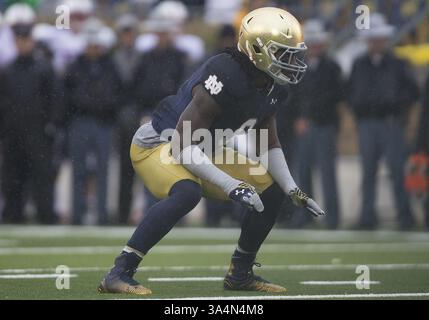 4. Oktober 2014: Notre Dame Linebacker Jaylon Smith (9) während des NCAA Football-Spiels zwischen den Notre Dame Fighting Irish und dem Stanford Cardinal im Notre Dame Stadium in South Bend, Indiana. Notre Dame besiegte Stanford 17:14. (Bild: © John Mersits/Cal Sport Media/ZUMAPRESS.com) Stockfoto