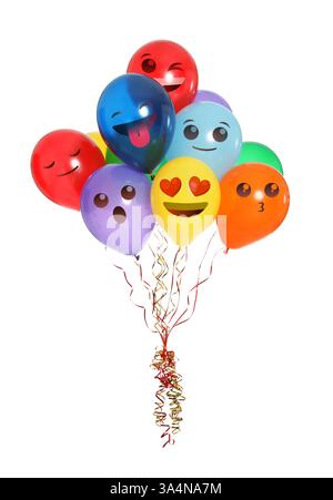Gesichter mit unterschiedlichen Emotionen auf hellen Ballons vor weißem Hintergrund Stockfoto