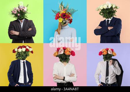 Kunstcollage. Menschen mit Blumensträußen statt Kopf auf bunten Hintergründen Stockfoto