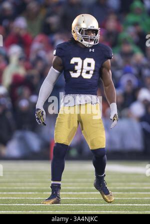 22. November 2014: Notre Dame Linebacker Jaylon Smith (38) während des NCAA Football-Spiels zwischen den Notre Dame Fighting Irish und den Louisville Cardinals im Notre Dame Stadium in South Bend, Indiana. Louisville besiegte Notre Dame 31-28. (Foto: © John Mersits/Cal Sport Media/ZUMAPRESS.com) Stockfoto