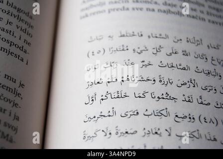 Nahaufnahme des arabischen Textes auf alten Buchseiten mit komplizierter Kalligraphie und historischer Tiefe. Stockfoto