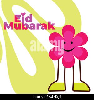 Heller Und Verspielter Eid Mubarak Gruß – Niedliche Blume Figur Illustration Stock Vektor