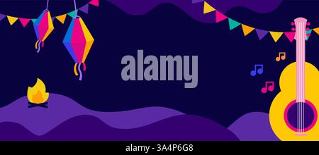 Poster Festa junina. brasilianisches Karnevalsbanner im Sommer mit Ikonen aus Musik, Laternen, Blumen, Hüten und Fahnen. juni-Festival in Brasilien, Vector Stock Vektor