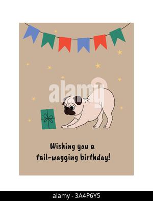 Geburtstagskarte Illustration mit einem verspielten Mops mit einem Geschenk, festlichem Faden und Sternen. Der Text lautet Wishing you a Schwanz wackking birthday Stock Vektor