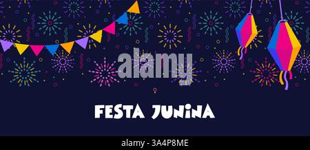 Poster Festa junina. brasilianisches Karnevalsbanner im Sommer mit Ikonen aus Musik, Laternen, Blumen, Hüten und Fahnen. juni-Festival in Brasilien, Vector Stock Vektor