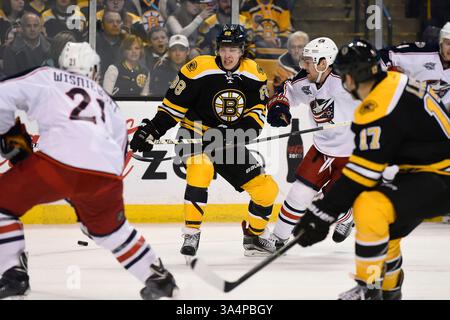 17. Januar 2015: Boston, Massachusetts, USA – Boston Bruins verließ David Pastrnak (88) während des NHL-Spiels zwischen den Columbus Blue Jackets und den Boston Bruins im TD Garden in Boston, Massachusetts. Eric Canha/CSM(Bild: © Eric Canha/Cal Sport Media/ZUMAPRESS.com) Stockfoto