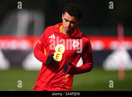 Wales' Brennan Johnson während eines Trainings im FAW HQ, Vale Resort, Hensol. Bilddatum: Mittwoch, 19. März 2025. Stockfoto