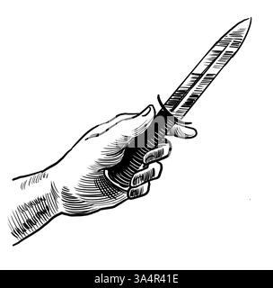 Hand mit einem Messer. Handgezeichnete schwarz-weiße Illustration im Retro-Stil Stockfoto