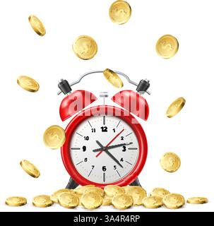 Realistischer roter Wecker mit Goldmünzen. Zeit ist Geld. Bargeld Regen. Zifferblatt anzeigen. Goldene Dollar. Kapitalerträge. Finanzielle Zeitschaltuhr. Wirtschaftlichkeit Stock Vektor