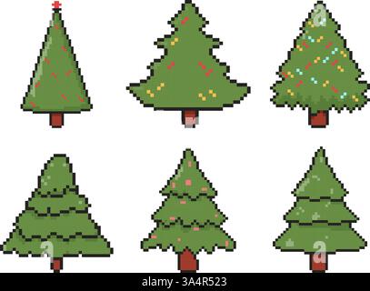 8-Bit-weihnachtsbaum-Symbolsatz. Pixelbild-Objekt. Computergrafik der alten Schule Stock Vektor