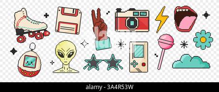 8-Bit-Retro y2k Elements Symbolsatz. Pixelbild-Objekt. Alte Spielgrafiken. Rollen, Diskette, Kamera, schreiender Mund, Tamagotchi Stock Vektor