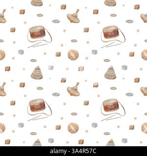 Aquarellmuster Vintage Spielzeug Spinning Top, Ball, Trommel, Pyramide, Würfel, Sterne. Nahtloser Druck für handgezeichnete Illustrationen im Cartoon-Stil Stockfoto