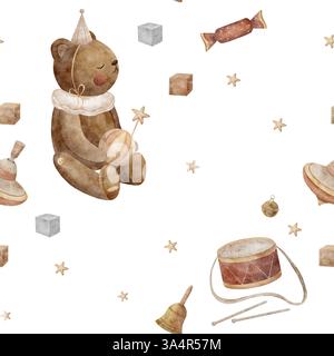 Nahtloses Muster von Vintage-Spielzeug Teddybär, drehbarem Top, Ball, spielenden Würfeln, Sternen. Aquarellabbildung auf weißem Hintergrund zum Drucken Stockfoto