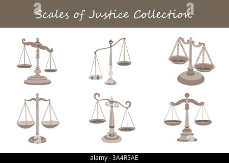 Waagen der Gerechtigkeit Sammlung in verschiedenen Stilen. Vektorabbildung. Stock Vektor