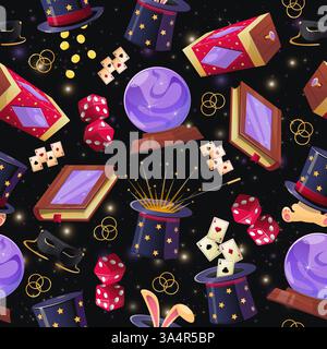 Illusionistische Gegenstände. Magische Tricks nahtloses Muster. Oracle Prediction Ball. Magier Flaschenhut mit Kaninchenohren. Karten und Würfel. Magischer Zauberstab Stock Vektor