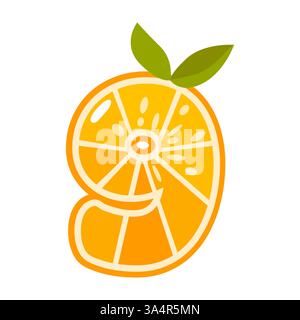 Orangenfrucht Nummer neun. Orange in Form von Nummer 9. Vektorabbildung. Alphabet, Buchstaben, Zahlen und Zeichen aus Orange oder Zitrusfrüchten. Stock Vektor