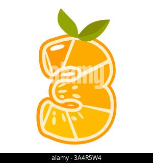 Orangenfrucht Nummer drei. Orange in Form von Nummer 3. Vektorabbildung. Alphabet, Buchstaben, Zahlen und Zeichen aus Orange oder Zitrusfrüchten. Stock Vektor