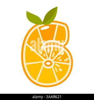 Orangenfrucht Nummer sechs. Orange in der Form der Zahl 6. Vektorabbildung. Alphabet, Buchstaben, Zahlen und Zeichen aus Orange oder Zitrusfrüchten. Stock Vektor