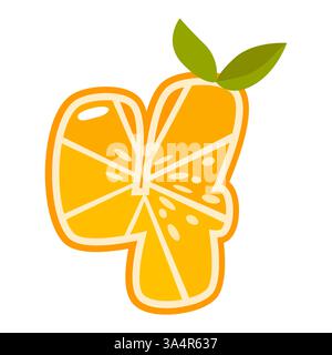 Orangenfrucht Nummer vier. Orange in Form von Nummer 4. Vektorabbildung. Alphabet, Buchstaben, Zahlen und Zeichen aus Orange oder Zitrusfrüchten. Stock Vektor