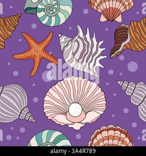 Ein lila Marinemuster mit Muscheln, Sternenfischen Stock Vektor