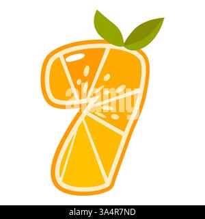 Orangenfrucht Nummer 7. Orange in der Form der Zahl 7. Vektorabbildung. Alphabet, Buchstaben, Zahlen und Zeichen aus Orange oder Zitrusfrüchten. Stock Vektor