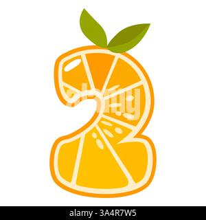 Orangenfrucht Nummer zwei. Orange in Form von Nummer 2. Vektorabbildung. Alphabet, Buchstaben, Zahlen und Zeichen aus Orange oder Zitrusfrüchten. Stock Vektor