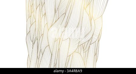 Vektor-goldene Linie Welle, abstrakter Luxus-Fancy-Hintergrund. Premium-Banner mit Glitzer, elegantes Dekor mit Kurven, japanisches Poster mit Wolken. Blätter, Wasser, organisch Stock Vektor