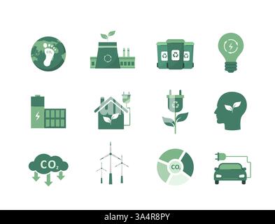 Ökologie-Symbole festgelegt. CO2-neutral. Eco Environment Signs Kollektion. Grüne Energie, Netto Null. Kreislaufwirtschaft. Vektor-Illustration in flachem Cartoon-Stil Stock Vektor