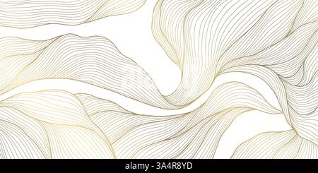 Vektor-goldene Linie Welle, abstrakter Luxus-Fancy-Hintergrund. Premium-Banner mit Glitzer, elegantes Dekor mit Kurven, japanisches Poster mit Wolken. Blätter, Wasser, organisch Stock Vektor