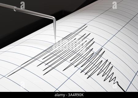 Der Druckkopf eines Erdbebendetektors oszilliert und zeichnet hochfrequente Pulswellenkurven auf Diagrammpapier auf. Konzept der Tremor-Erkennung Stockfoto