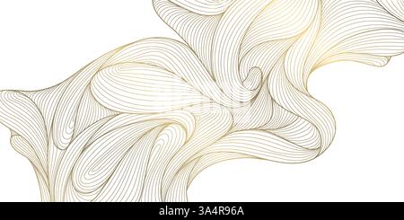 Vektor-goldene Linie Welle, abstrakter Luxus-Fancy-Hintergrund. Premium-Banner mit Glitzer, elegantes Dekor mit Kurven, japanisches Poster mit Wolken. Blätter, Wasser, organisch Stock Vektor