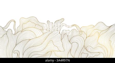 Vektor-goldene Linie Welle, abstrakter Luxus-Fancy-Hintergrund. Premium-Banner mit Glitzer, elegantes Dekor mit Kurven, japanisches Poster mit Wolken. Blätter, Wasser, organisch Stock Vektor