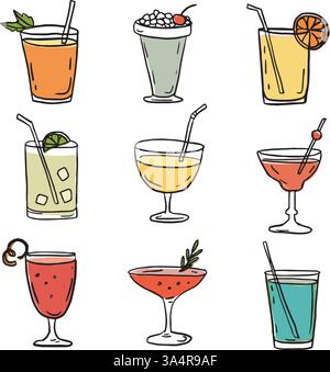 Set von handgezeichneten Doodle alkoholische Getränke, Cocktails mit Orangen-Zitrone, Scheiben, Eis, Kirschen. Frohe Neujahrsfeier, Geburtstagsfeier Stock Vektor