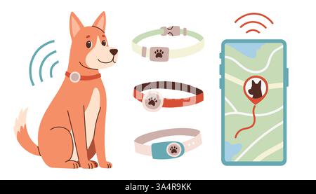 PET GPS-Tracker. GPS-Ortung für einen Wanderhund. Ein Smartphone mit einer Karte zeigt die Bewegungen von Haustieren an. Eine App zur Verfolgung von Haustieren. Abbildung der Vektorabwicklung ein Stock Vektor