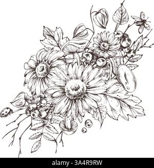 Herbstbeeren Physalis, Archaebeere, vogelblätter, Ahorn, Birke, russula-Pilze, Rudbeckia-Blüten, Äste. Grafische Strichgrafik, handgezeichnet mit Stock Vektor