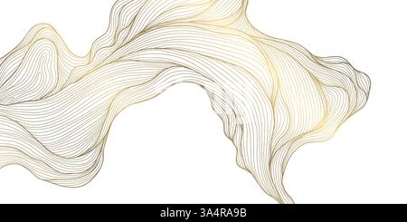 Vektor-goldene Linie Welle, abstrakter Luxus-Fancy-Hintergrund. Premium-Banner mit Glitzer, elegantes Dekor mit Kurven, japanisches Poster mit Wolken. Blätter, Wasser, organisch Stock Vektor