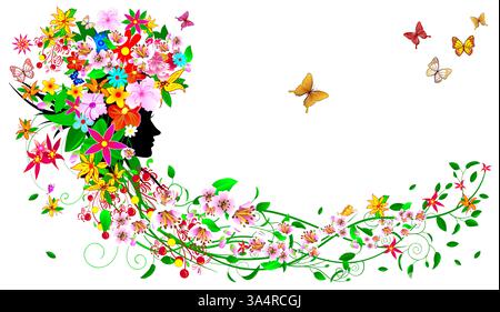 Silhouette eines Frauengesichts zwischen Blumen und Schmetterlingen. Mädchen mit Blumen und Schmetterlingen. Mädchen mit Blumen und Schmetterlingen auf dem Kopf und in ihm Stock Vektor