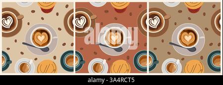 Nahtloses Kaffeemuster mit Tassen von oben, Bohnen Stock Vektor