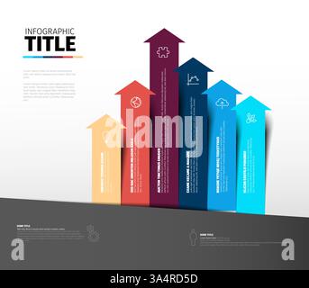 Eine farbenfrohe Infografik mit Aufwärtspfeilen, die mehrstufigen Fortschritt, Datenfluss oder Erfolg darstellen. Jeder Pfeil ist farblich unterscheidbar und enthält Placeh Stock Vektor