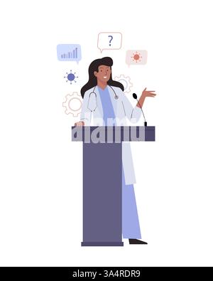 Medizinstunde. Ärztin mit Mikrofon, das vom Tribune für das Publikum spricht. Präsentation medizinische wissenschaftliche Forschung, öffentliche Rede Stock Vektor