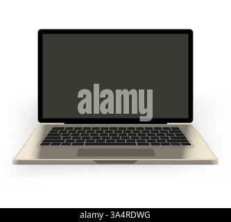 Moderne Laptop-Illustration. Ein elegantes, goldfarbenes Notebook mit schwarzer Tastatur und leerem Bildschirm auf weißem Hintergrund. Technologie, Digital DE Stock Vektor