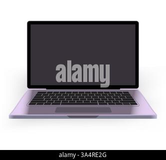 Moderne Laptop-Illustration. Ein elegantes, violettes Notebook mit schwarzer Tastatur und leerem Bildschirm auf weißem Hintergrund. Technologie, digital Stock Vektor